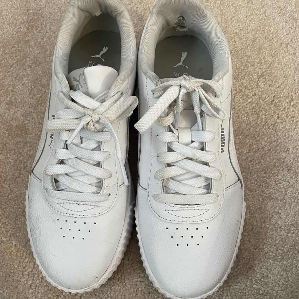 All white platform puma sneakers
